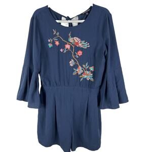 Jealous Tomato Navy Peacock Floral Embroidered Romper Size Large